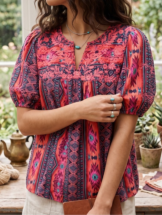 Savanna Jane Tops - Savanna Jane Boho Chic Embroidered Puff Sleeve V-Neck Top Size Large